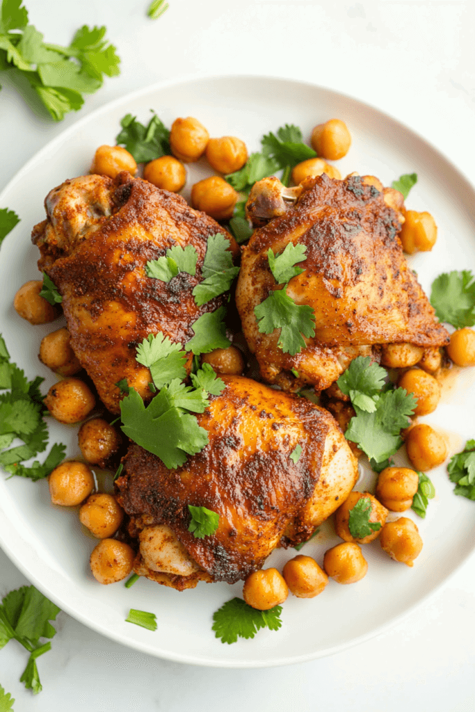 moroccan-spiced-chicken-thighs-served-on-a-plate-with-chickpeas-and-cilantro
