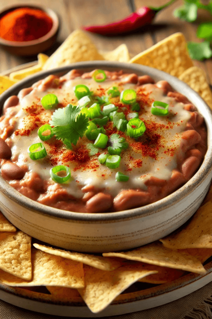 This image shows Slow Cooker Refried Bean Dip in a bowl, garnished with fresh spring onions and cilantro, accompanied by tortilla chips on the side for dipping.