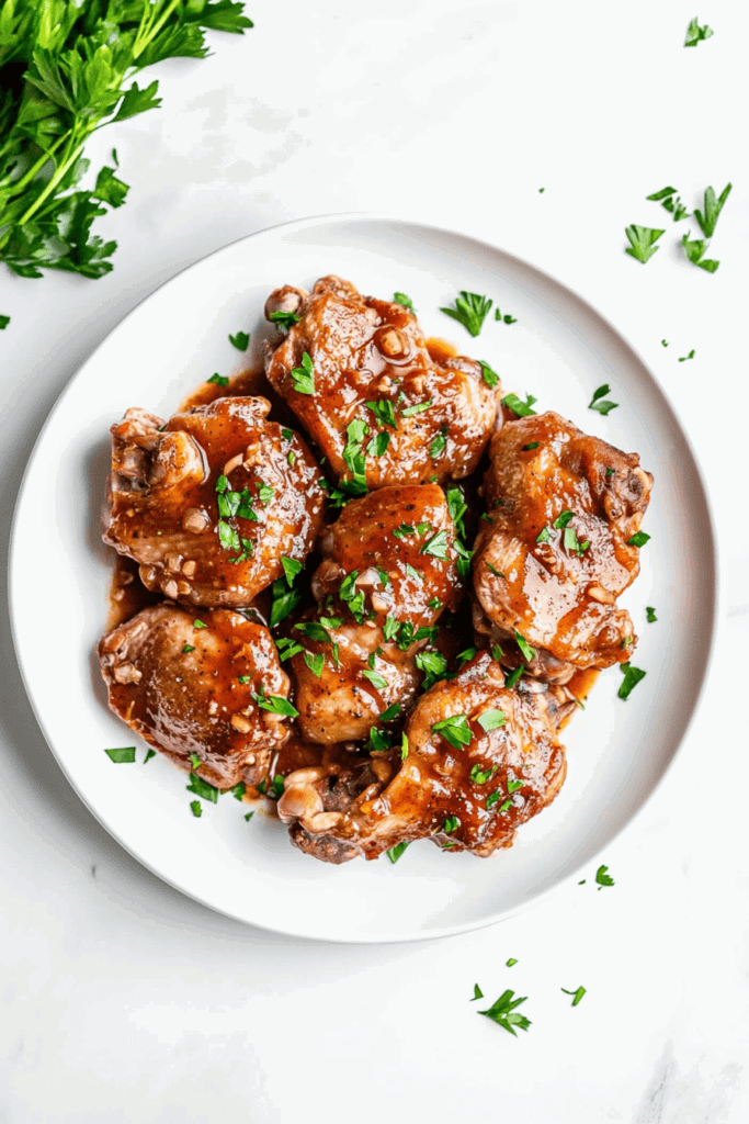 slow-cooker-chicken-thighs-served-on-a-plate-with-chopped-cilantro-garnish
