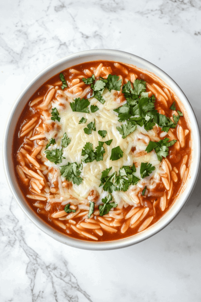 This image shows slow cooker enchilada orzo served in a white bowl, topped with shredded, melted cheese for a comforting touch.