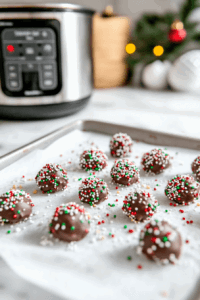 sprinkling-decorations-on-crockpot-candy for presentation and ready to be served