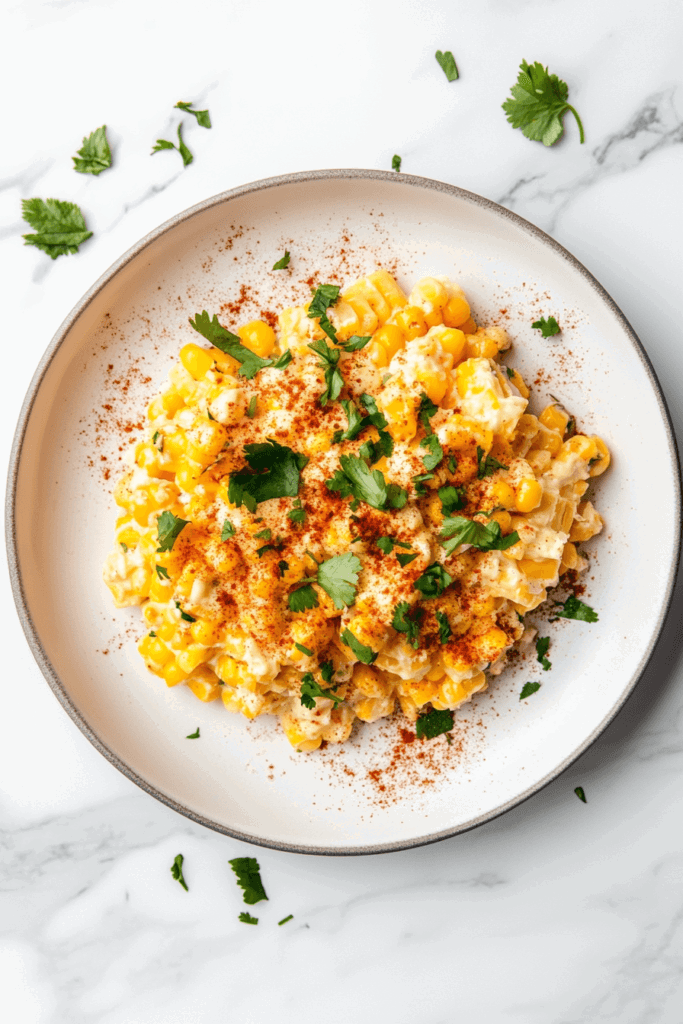 Creamy and smoky Mexican street corn served on a white round plate, topped with fresh cilantro and a sprinkle of paprika for extra flavor.
