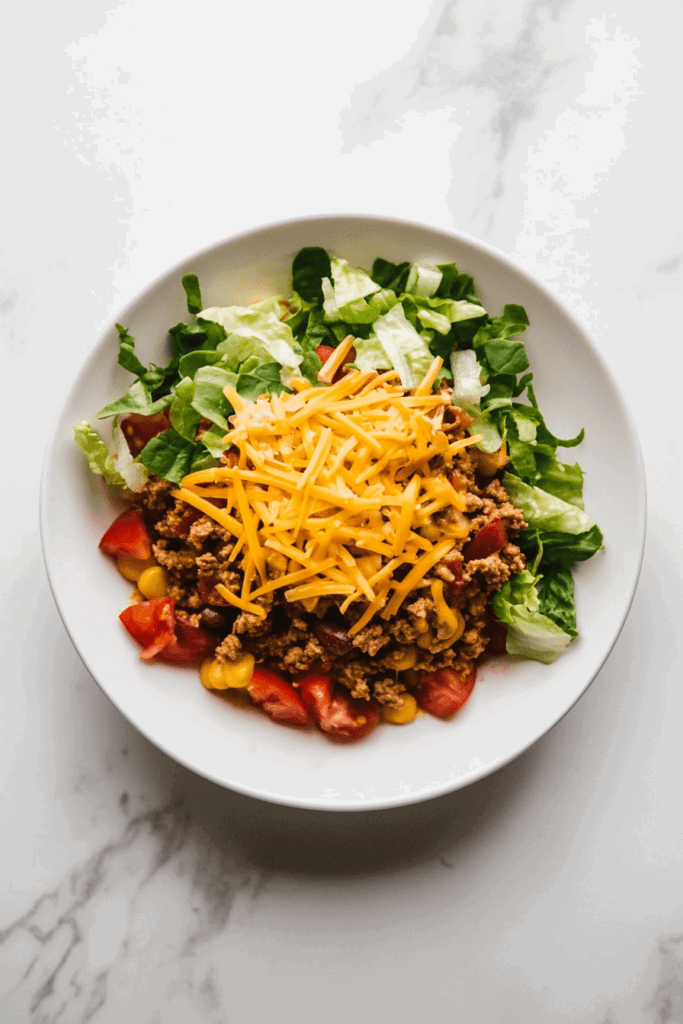 A hearty taco casserole served on a white round plate, topped with melted shredded cheese, creating a rich and flavorful Mexican-inspired dish.