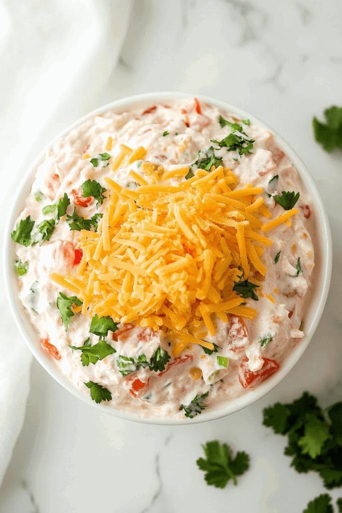 This image shows Crock Pot Rotel Dip, a creamy and cheesy dip made with Rotel tomatoes, cheese, and seasonings.