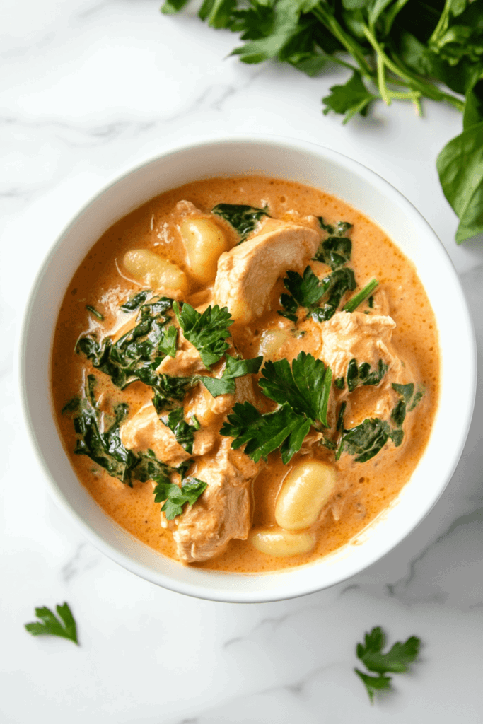 This image shows crockpot chicken gnocchi soup, a creamy and hearty dish featuring tender chicken, pillowy gnocchi, and fresh herbs, served in a white bowl.