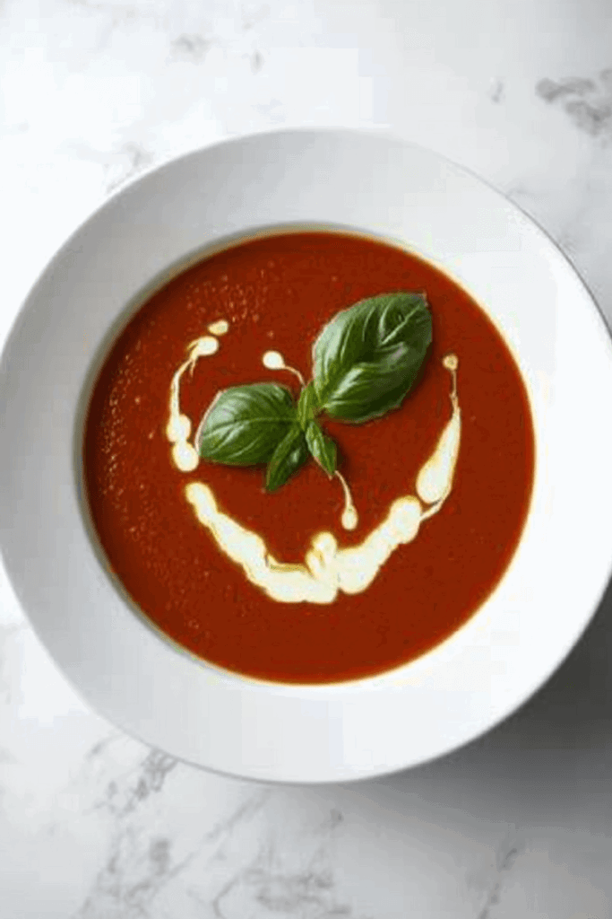 This image shows crockpot tomato basil soup, a smooth and creamy dish made with ripe tomatoes, fresh basil, and a touch of cream, served in a white bowl.