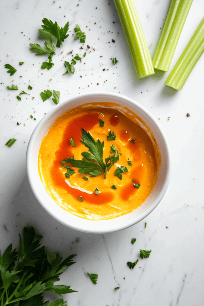 A close-up of slow-cooker Buffalo chicken dip, creamy and rich, topped with melted cheese and served with tortilla chips on the side.