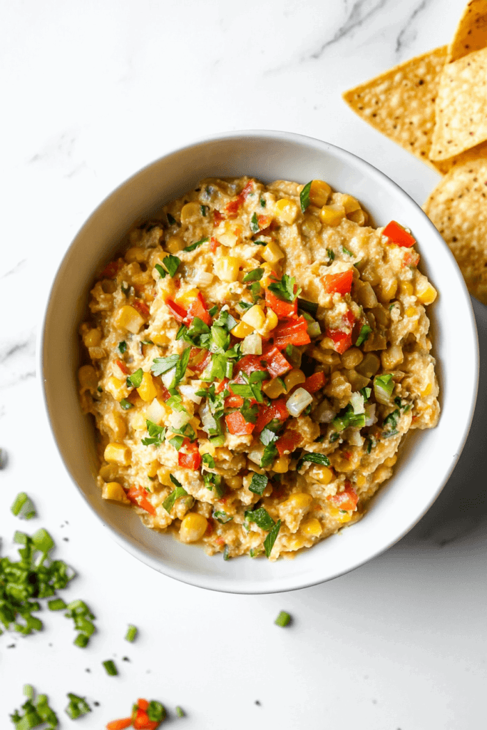 This image shows Slow Cooker Corn Dip, a creamy and cheesy dip made with corn, cheese, and seasonings, served with tortilla chips for dipping.