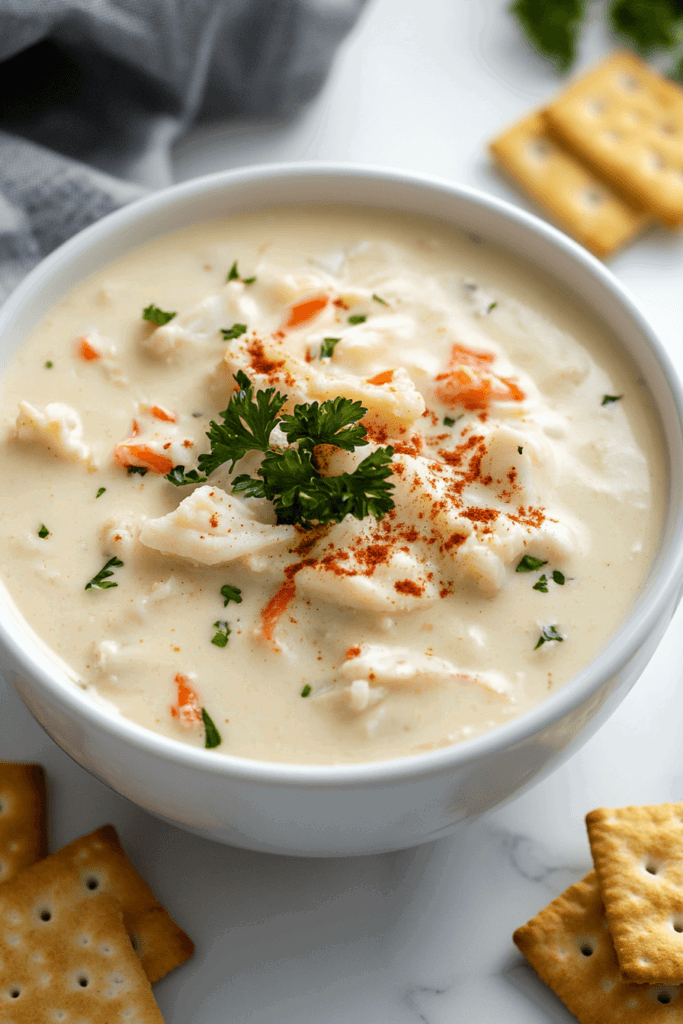 This image shows Slow Cooker Crab Dip, a rich and creamy dip made with crab meat, cheese, and seasonings, served with crackers for dipping.