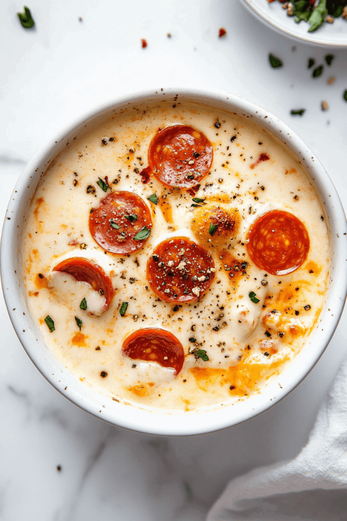 This image shows Slow Cooker Pizza Dip, a cheesy, savory dip with pizza sauce, melted cheese, and pepperoni, perfect for dipping with crackers or bread.