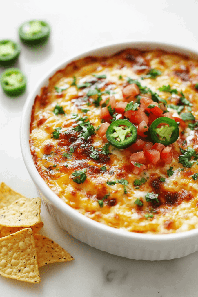 A bowl of slow-cooker queso dip, rich and creamy, garnished with diced tomatoes and fresh cilantro, served alongside tortilla chips for dipping.
