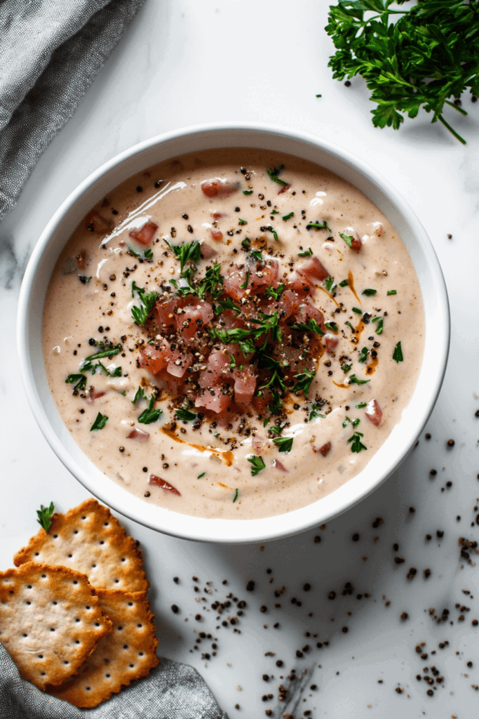 This image shows Slow Cooker Reuben Dip, a creamy, cheesy dip with corned beef and sauerkraut, served warm and ready for dipping with crackers or bread.