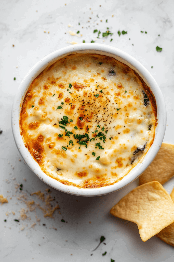 A serving of slow-cooker spinach and artichoke dip, creamy and decadent, with a golden crust on top, accompanied by crisp crackers and fresh vegetables for dipping.