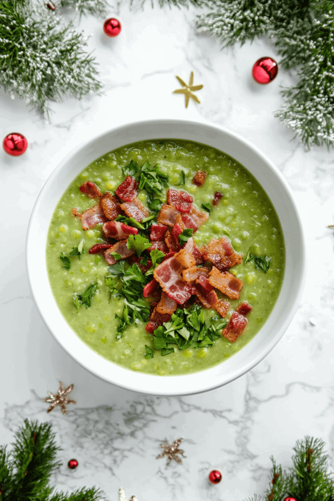 This image shows slow cooker split pea soup, a rich and hearty dish made with tender split peas, diced vegetables, and flavorful seasonings, served in a white bowl.