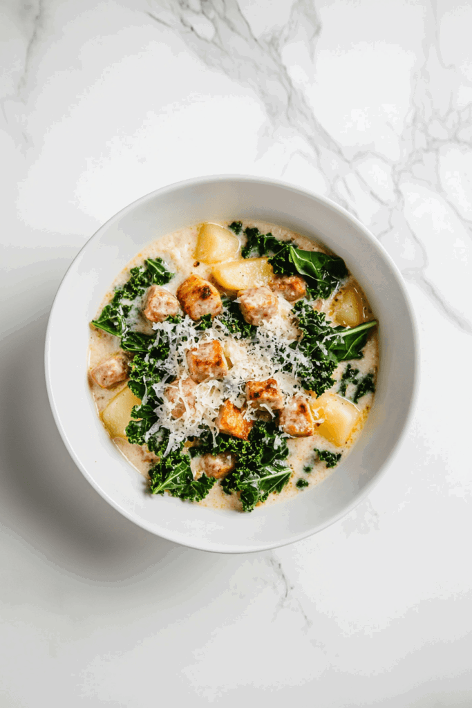 This image shows slow cooker Zuppa Toscana, a comforting soup made with creamy broth, savory sausage, tender potatoes, and fresh kale, served in a white bowl.