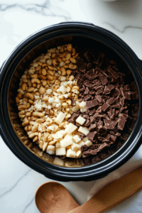 white-chocolate-peanuts-chocolate-chips-and-german-chocolate-in-a-crockpot to make crockpot chocolate peanut clusters