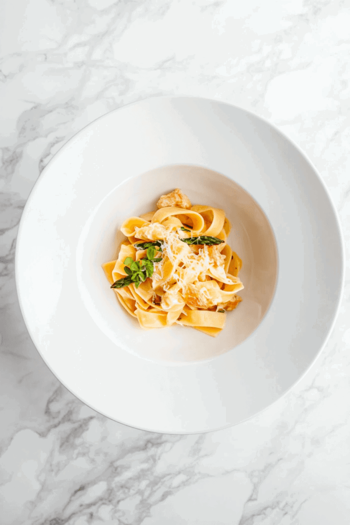 This image shows white wine pasta with asparagus served on a white round plate, garnished with shredded cheese and a basil leaf.