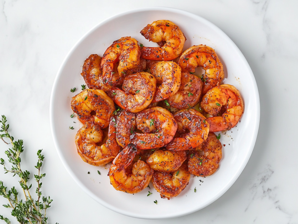 This image shows a vibrant plate of 15-minute Cajun shrimp served on a white plate, featuring perfectly cooked shrimp coated in a flavorful Cajun spice mix, with rice or pasta as a serving suggestion.