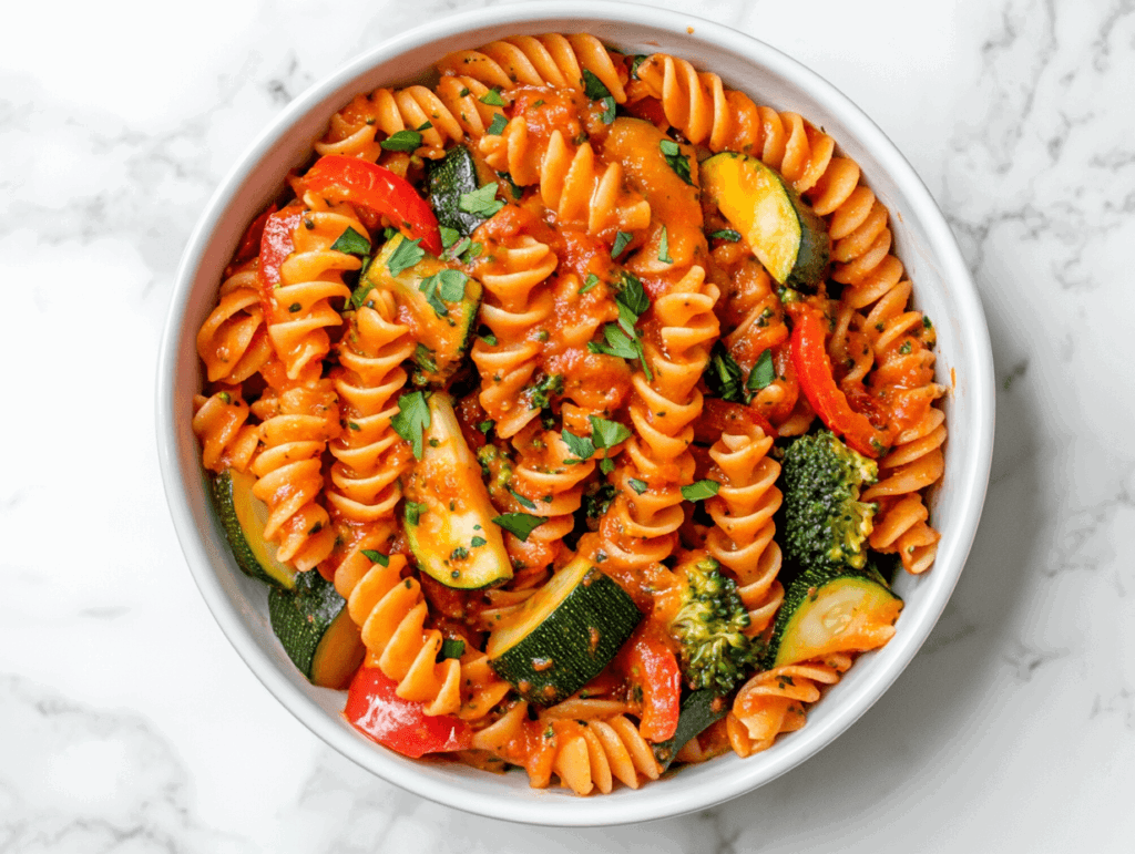 this image shows A delicious plate of 20-minute pasta with vegetables, featuring a rich red creamy sauce and vibrant broccoli florets, yellow and red bell peppers, and round-shaped zucchini pieces, making for a colorful and flavorful meal.