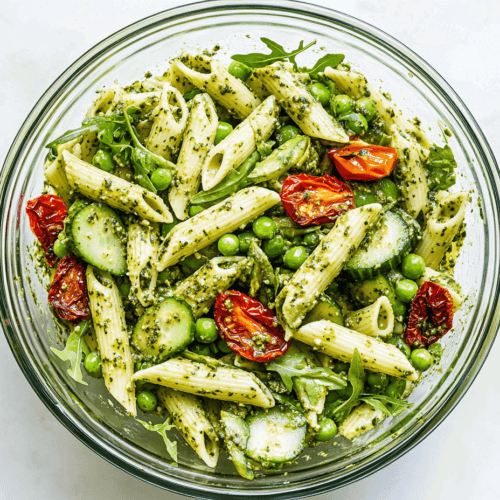 this image shows A vibrant glass bowl of 6-ingredient vegan pesto pasta salad, featuring penne pasta, bright green peas, sundried tomatoes, fresh arugula, and cucumber, tossed in a creamy pesto dressing, ready to be served chilled.
