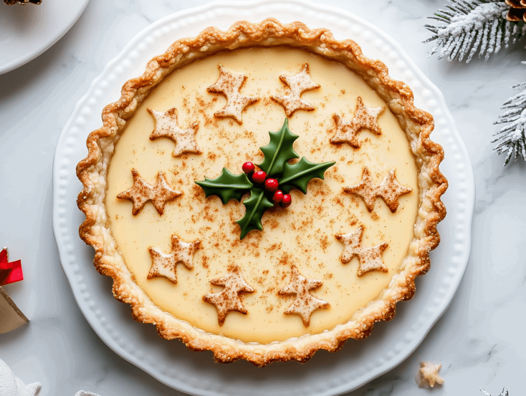 this image shows vegan eggnog tart features a smooth, creamy custard filling with subtle hints of nutmeg and cinnamon and is elegantly garnished with vibrant red cherries arranged on top