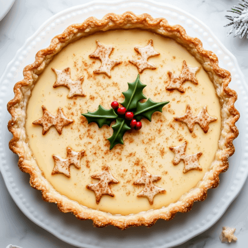 this image shows vegan eggnog tart features a smooth, creamy custard filling with subtle hints of nutmeg and cinnamon and is elegantly garnished with vibrant red cherries arranged on top