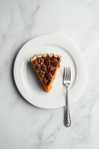 this image shows A slice of sweet potato pecan pie served on a white plate, topped with pecans, and ready to be enjoyed.
