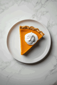 this image shows a slice of vegan sweet potato pie on a plate, topped with a dollop of vegan whipped cream, ready to be enjoyed.