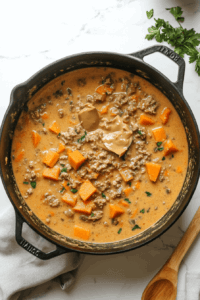This image shows a spoonful of almond butter being added to the pot before blending the soup to enhance its creaminess and nutty flavor.