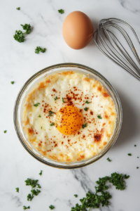This image shows a cracked egg being added to the melted cheese mixture in a bowl to create the fathead pizza dough.