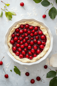 This image shows bright cherry filling being spooned into the prepared crust, spreading evenly to create a luscious layer.