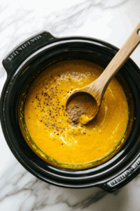 This image shows coconut milk being poured into a creamy curried cauliflower and sweet potato soup, with spices being stirred in to enhance the flavor and richness of the dish.