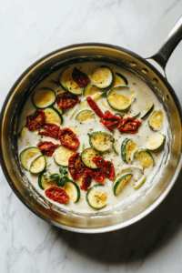 this image shows A creamy mixture of coconut milk, lemon juice, zucchini slices, and sun-dried tomatoes being combined in a pan, creating the vibrant Vegan Pasta Primavera sauce.