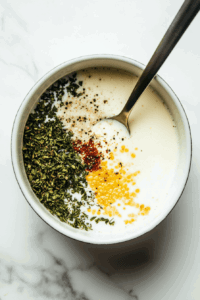 this image shows Coconut milk, water, and a blend of seasonings being poured into a large pot, forming the creamy base for the one-pot vegan pasta primavera recipe.
