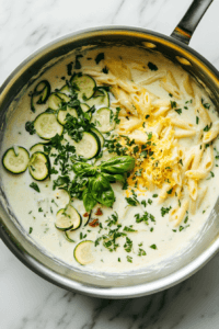 this image shows A colorful combination of cooked penne pasta, broccoli florets, asparagus, and peas being stirred into a creamy coconut milk sauce for Vegan Pasta Primavera.