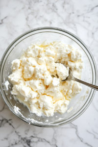 This image shows a mixing bowl filled with shredded mozzarella and cream cheese, ready to be melted together to make fathead pizza dough.