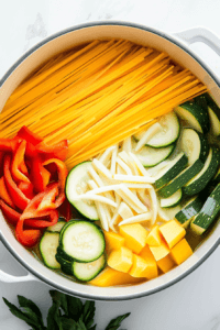 this image shows Pasta and vibrant vegetables simmering in a creamy broth, absorbing the flavors and softening as they cook for the vegan pasta primavera.