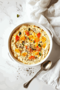 this image shows The baked hummus pasta being garnished with Italian seasoning, black pepper, and additional toppings, served hot and ready to enjoy.
