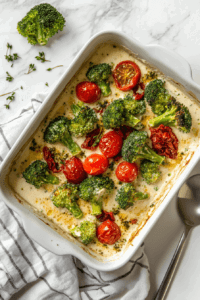 this image shows A vibrant combination of minced garlic, fresh broccoli florets, sun-dried tomatoes, and cherry tomatoes being added to a baking dish, preparing for the baked hummus pasta.