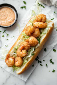 This image shows a fully assembled Po'Boy sandwich served on a white plate, garnished with a drizzle of remoulade sauce and accompanied by fresh lettuce for a complete meal.