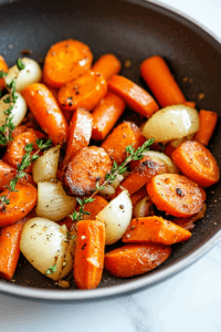 this image shows Minced garlic being added to the sautéed onions and carrots, releasing a rich aroma for the Vegan Pasta Primavera sauce.