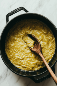 This image shows steamed broccoli being stirred into a creamy vegan soup along with a squeeze of fresh lemon juice, brightening up the flavor for a perfect finishing touch.