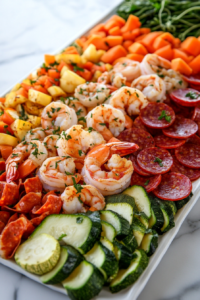 This image shows peeled shrimp and pepperoni being added to the roasted vegetables on a sheet pan, preparing for baking.
