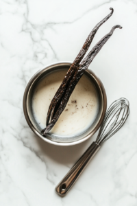 This image shows a sliced vanilla pod and its seeds being added into the soy milk mixture in a saucepan to infuse a rich, aromatic flavor.
