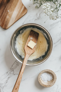 This image shows vegan butter and a pinch of sea salt being added to the thickened pastry cream in a saucepan, making it rich and flavorful.