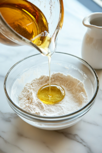 This image shows wet ingredients, such as plant-based butter and sugar, being added to the dry ingredients, creating a cohesive mixture for the pie filling.