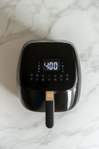 This image shows shrimp being air-fried at 400°F to ensure a golden, crispy finish for the Keto Bang Bang shrimp.