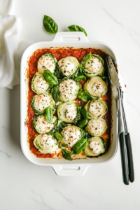 This image shows neatly rolled cabbage leaves being placed side by side in the marinara-lined baking dish.