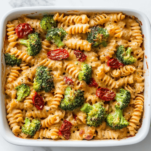 this image shows A delicious square dish filled with baked hummus pasta featuring spiral pasta, broccoli, garlic, sun-dried tomatoes, and cherry tomatoes, all coated in melty cheese, Italian seasoning, and black pepper, served hot.