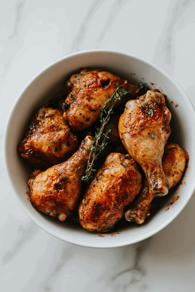 this image shows A comforting dish of baked slow cooker chicken, tender and juicy, garnished with fresh thyme in a white bowl.